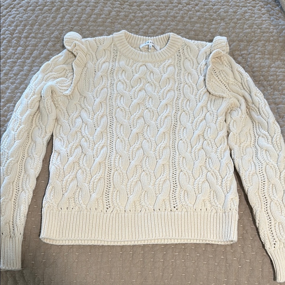 Frame Cream Ruffle Shoulder Cable Knit Sweater